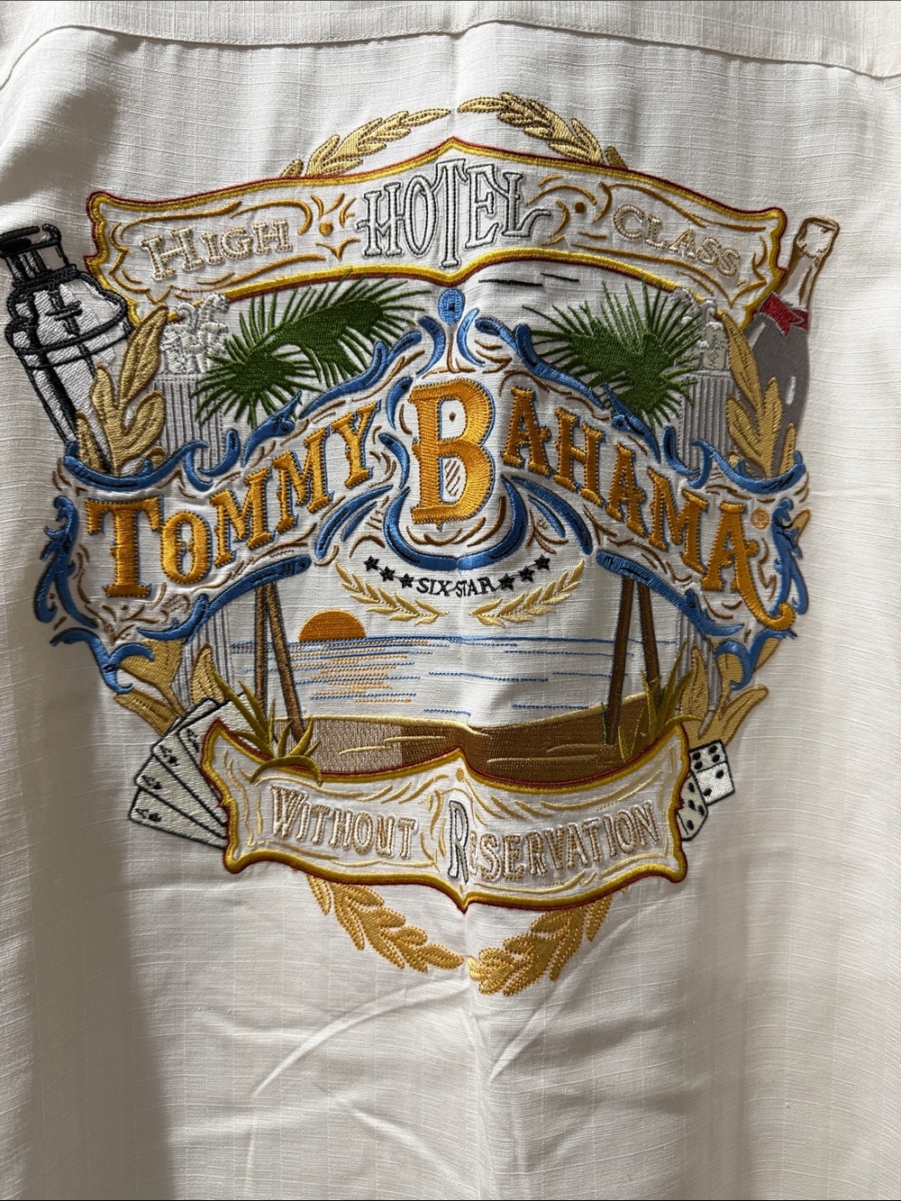 Tommy Bahama White Shirt with Gold, Blue & Green Embroidery